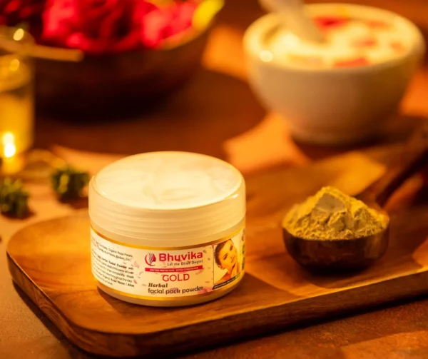 Bhuvika Gold Facial Pack Powder with Application Brush | Suitable for all skin types | Perfect for special occasions or regular skincare routines | Specially formulated powder