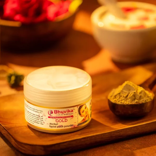 Bhuvika Gold Facial Pack Powder with Application Brush | Suitable for all skin types | Perfect for special occasions or regular skincare routines | Specially formulated powder