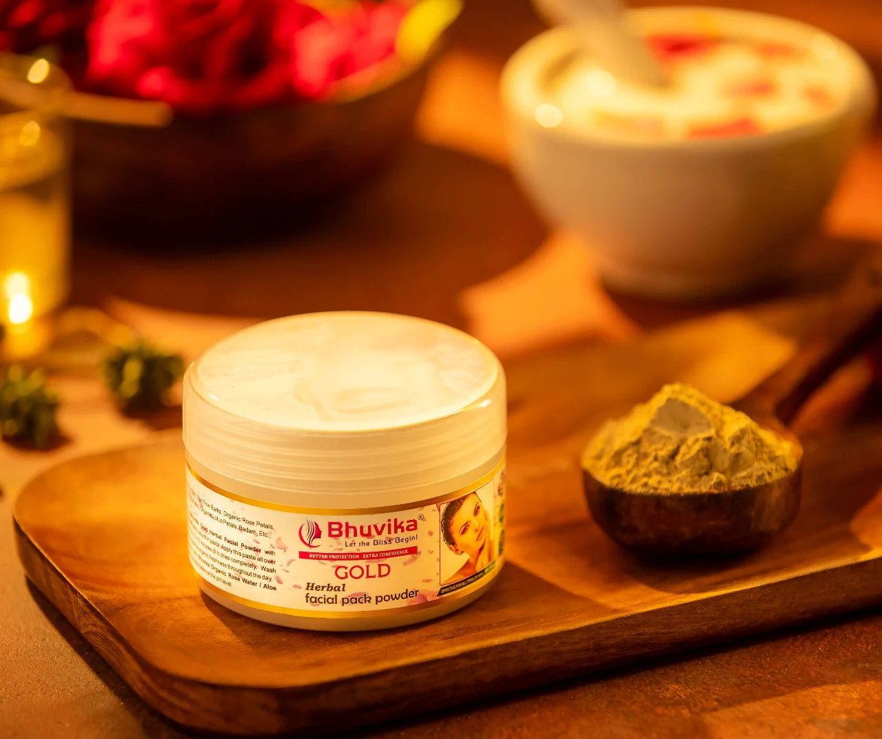 Bhuvika Gold Facial Pack Powder with Application Brush | Suitable for all skin types | Perfect for special occasions or regular skincare routines | Specially formulated powder
